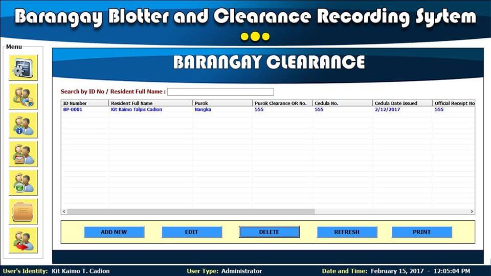 Barangay Blotter and Clearance System Barangay Clearance