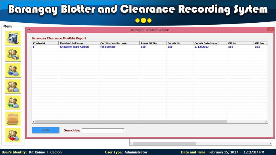 Barangay Blotter and Clearance System Rapport mensuel de dédouanement Barangay