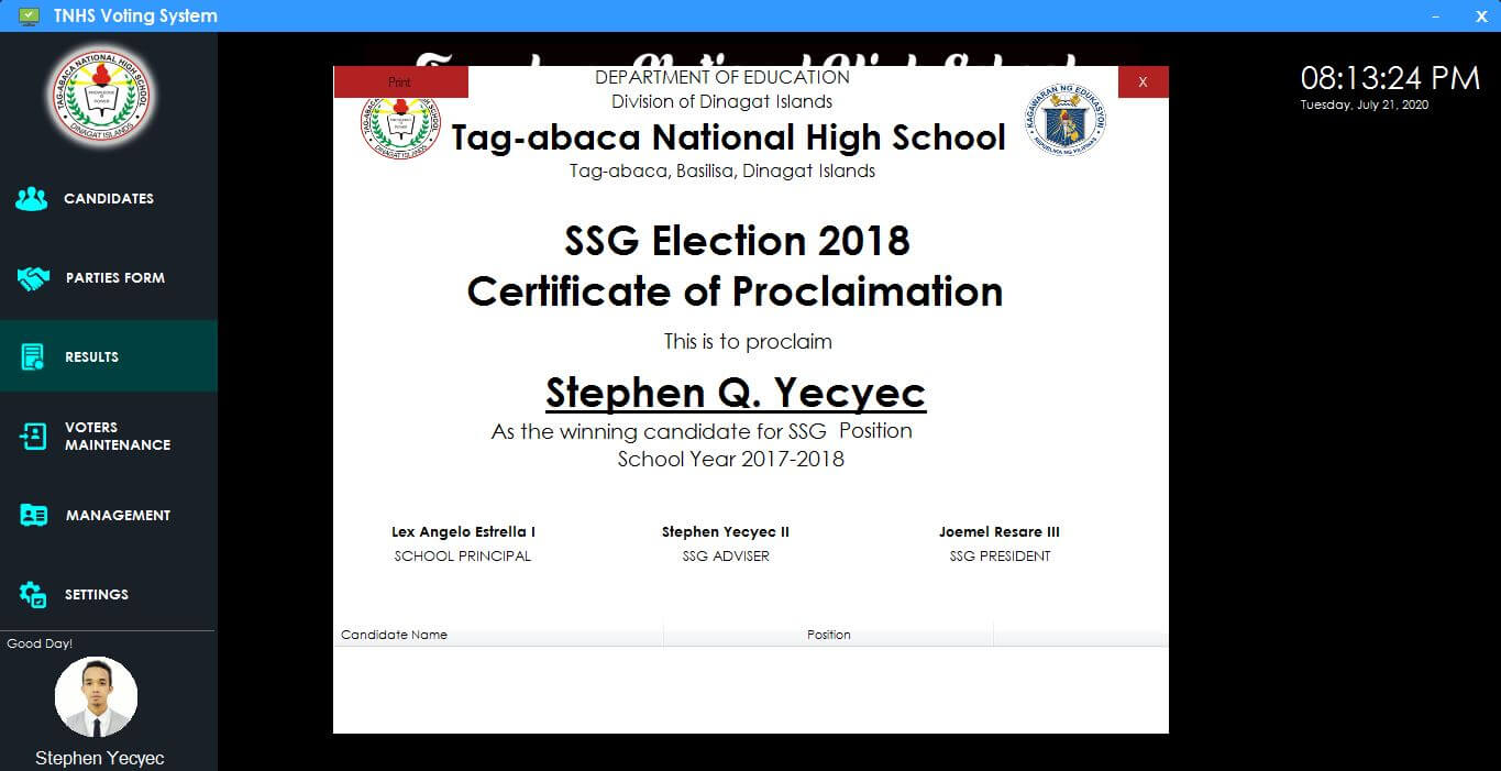 Système de vote automatisé pour les lycées en C # et MySQL - Certificat de proclamation pour les candidats gagnants