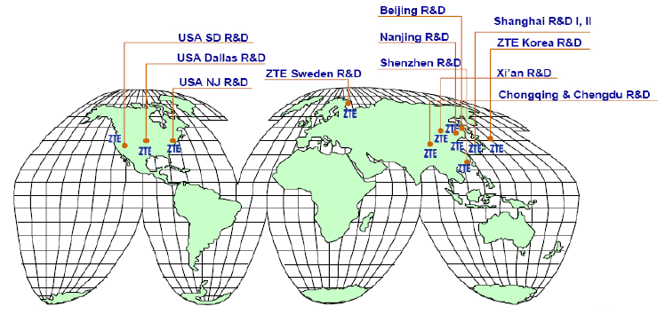 Figure 19: Localisation des centres de R&D de ZTE dans le monde (Ji, 2005, p 9)