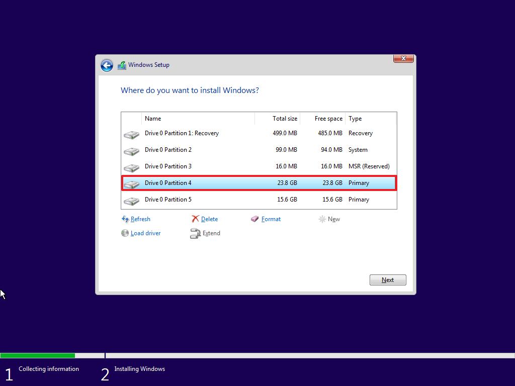 Sélectionnez la partition pour installer Windows 10