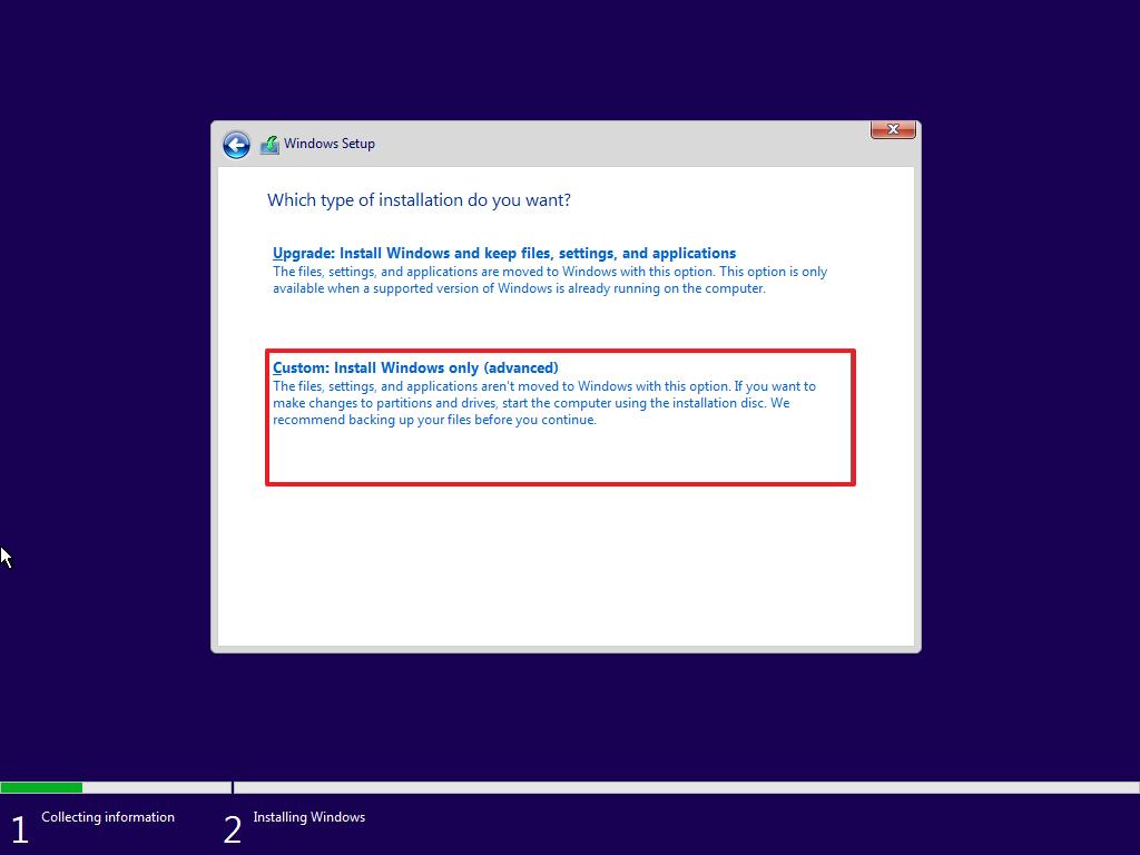 Configuration de Windows 10, option d'installation personnalisée