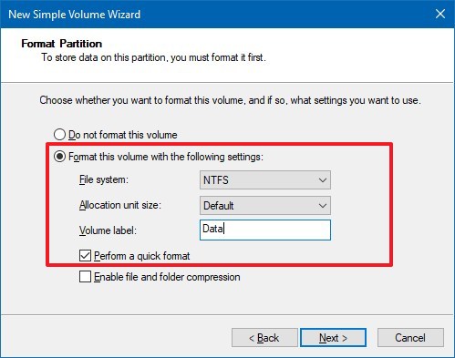 Nouveaux paramètres de format de partition sous Windows 10