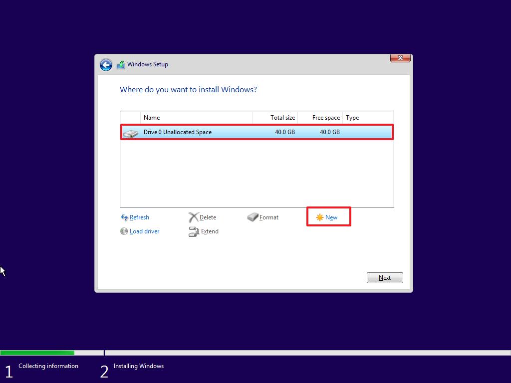 Configuration de Windows 10, créer une partition personnalisée
