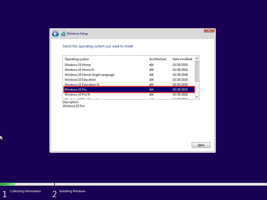 Configuration de Windows 10, sélectionnez l'édition à installer