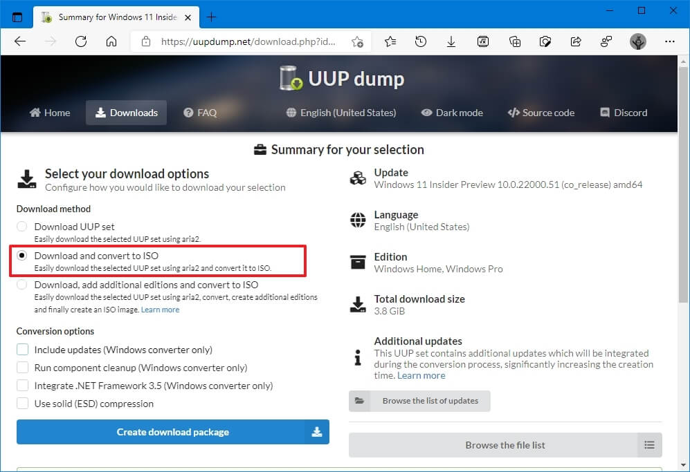 UUP Dump télécharger et convertir l'option ISO