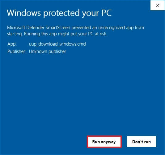 Ignorer l'avertissement de l'application Windows