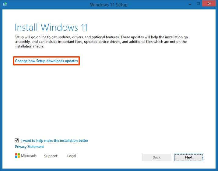 Option de mise à jour de la configuration de Windows 11