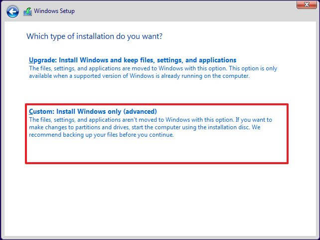 Option d'installation personnalisée de Windows 10