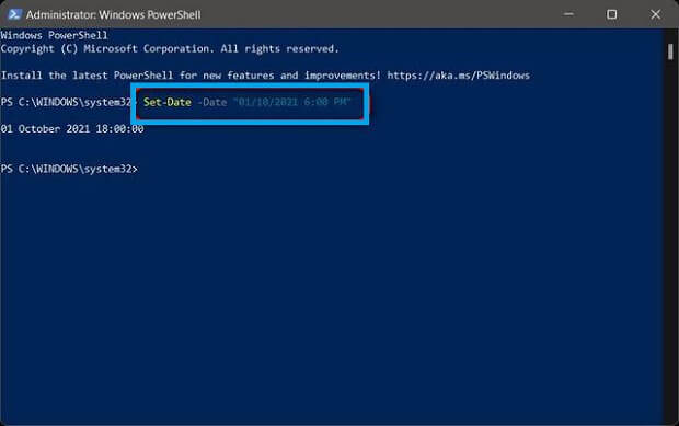 Modifier la date et l'heure dans Windows 11 via PowerShell