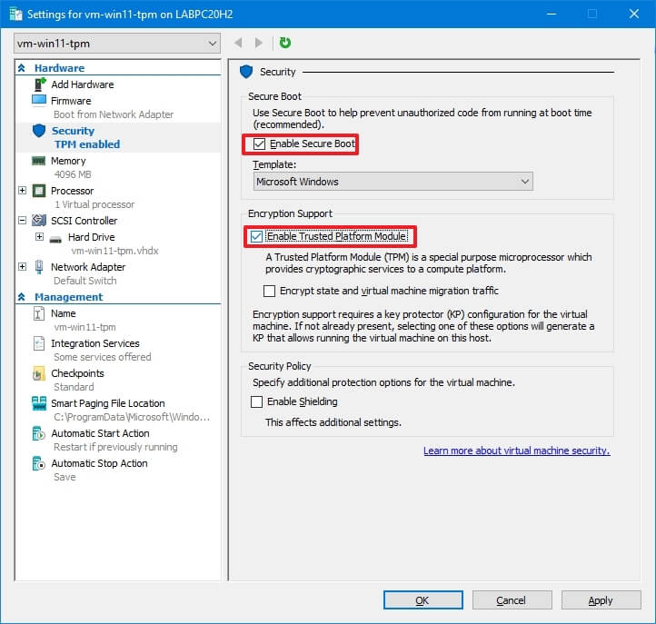 Hyper-V activer TPM pour Windows 11