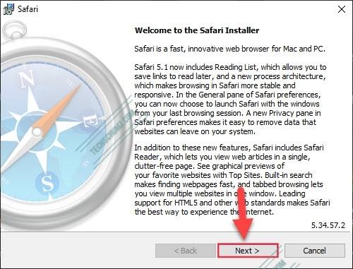 Cliquez sur Suivant pour lancer l'installation de Safari sur Windows 11