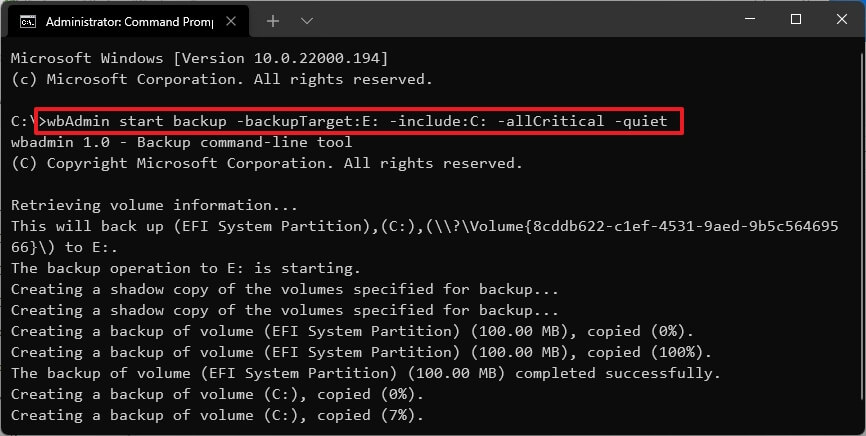 Commande wbAdmin de Windows 11