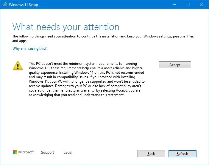 Avertissement de configuration requise de Windows 11