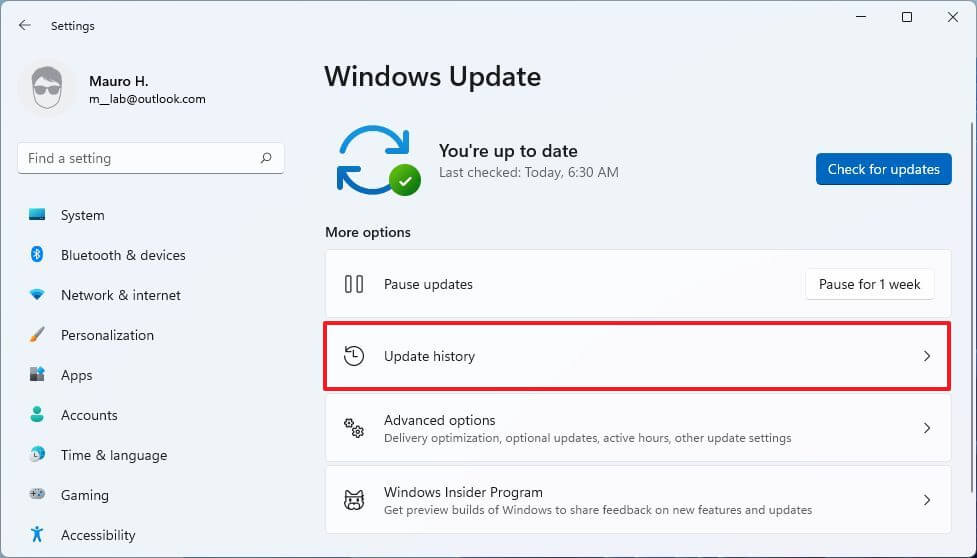 Paramètre de l'historique des mises à jour de Windows 11