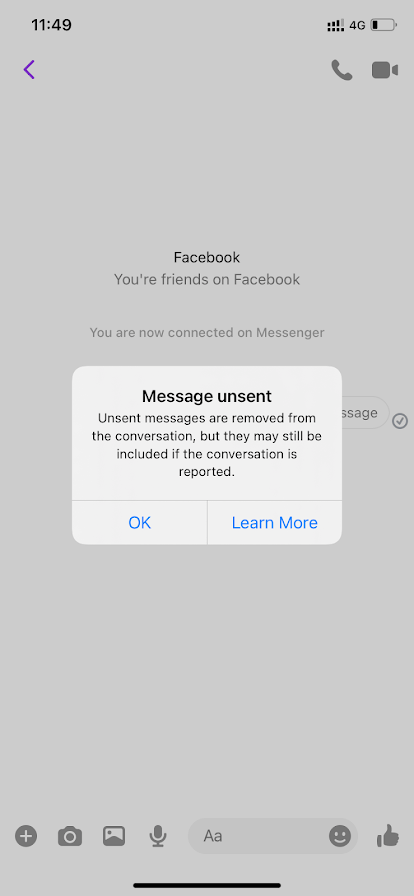 Sélectionnez OK pour annuler l'envoi du message sur Facebook Messenger