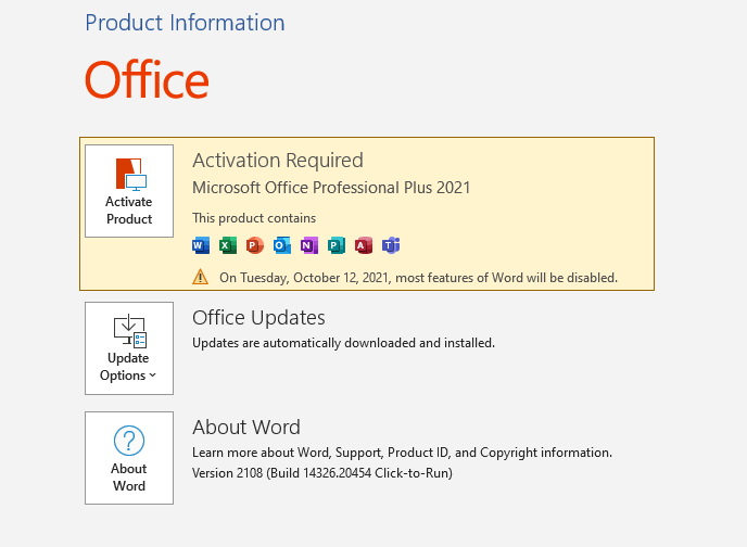 Version d'essai de MS Office 2021