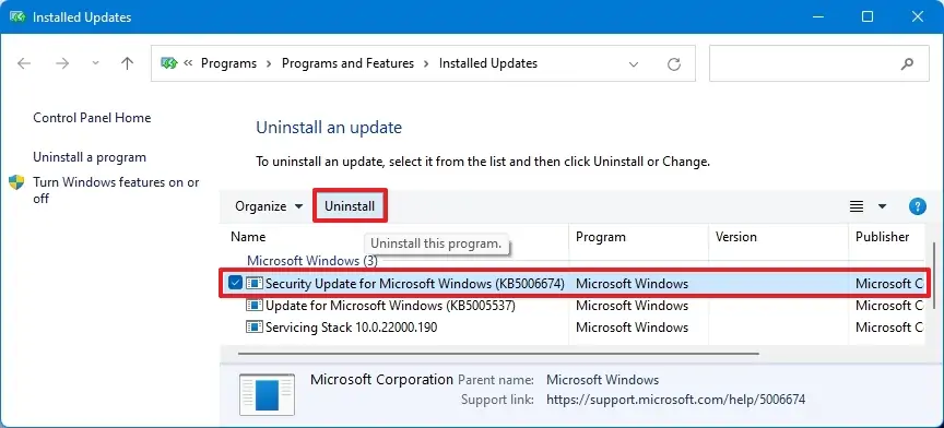 Désinstaller la mise à jour de Windows 11