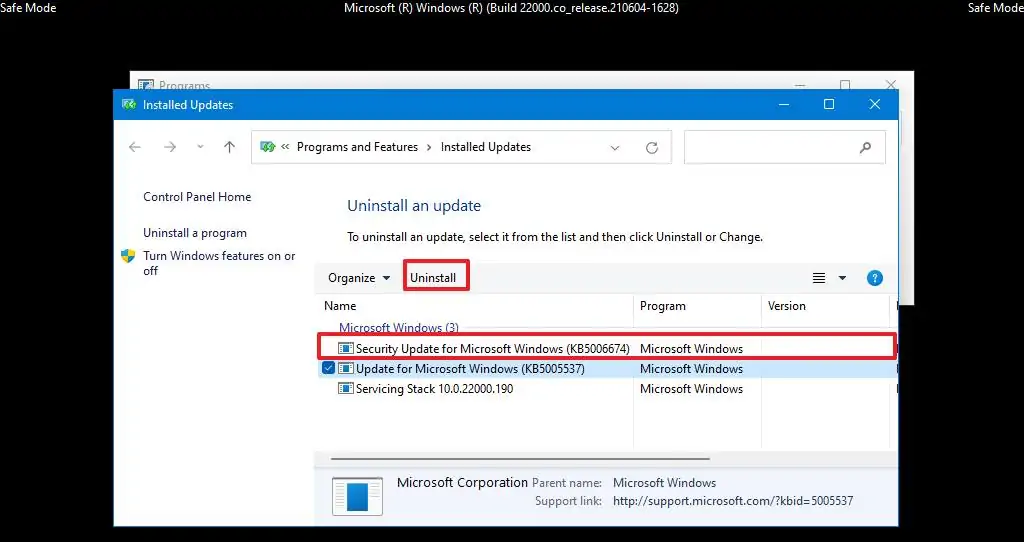 Mise à jour de désinstallation du mode sans échec de Windows 11