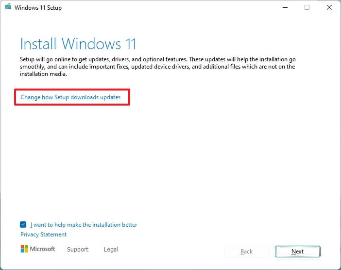 Options de mise à jour de la configuration de Windows 11