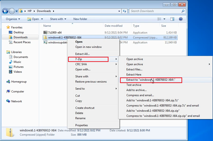 extraire la mise à niveau du fichier Windows 7 sp1