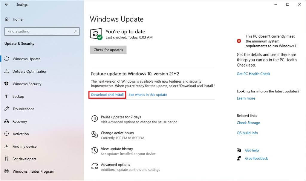 Téléchargement de Windows Update 21H2