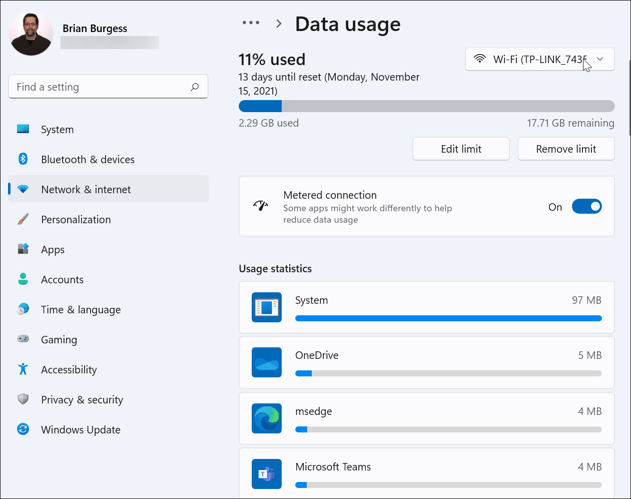Connexion au compteur d'utilisation des données Windows 11