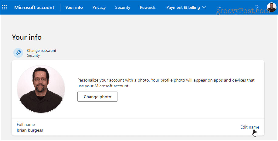 Modifier le nom du compte Microsoft
