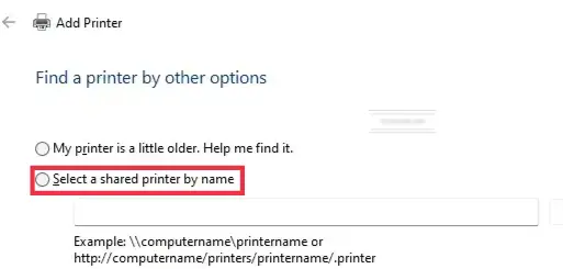 Utilisez le nom de l'imprimante partagée pour vous y connecter