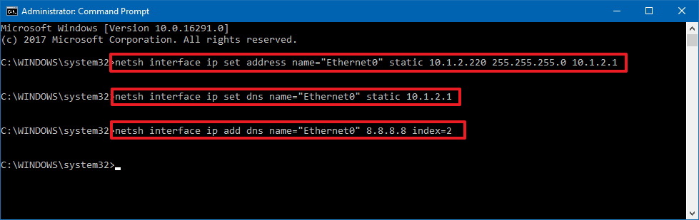 Commande Windows 10 netsh pour définir une adresse IP statique