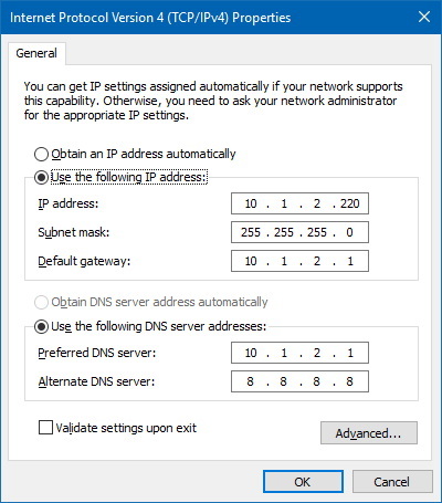 Propriétés TCP/IPv4 de la carte réseau Windows 10