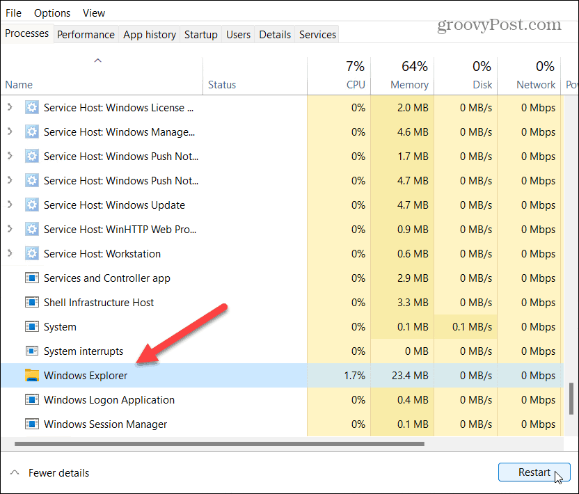 redémarrer le gestionnaire de tâches de l'explorateur Windows