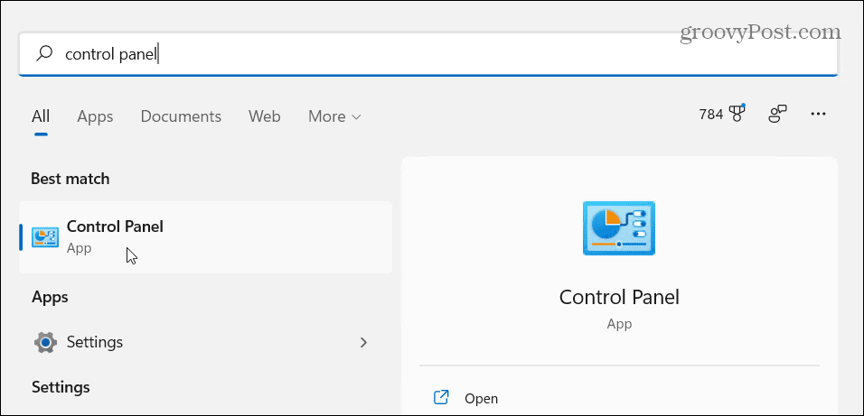 Panneau de configuration Démarrer la recherche