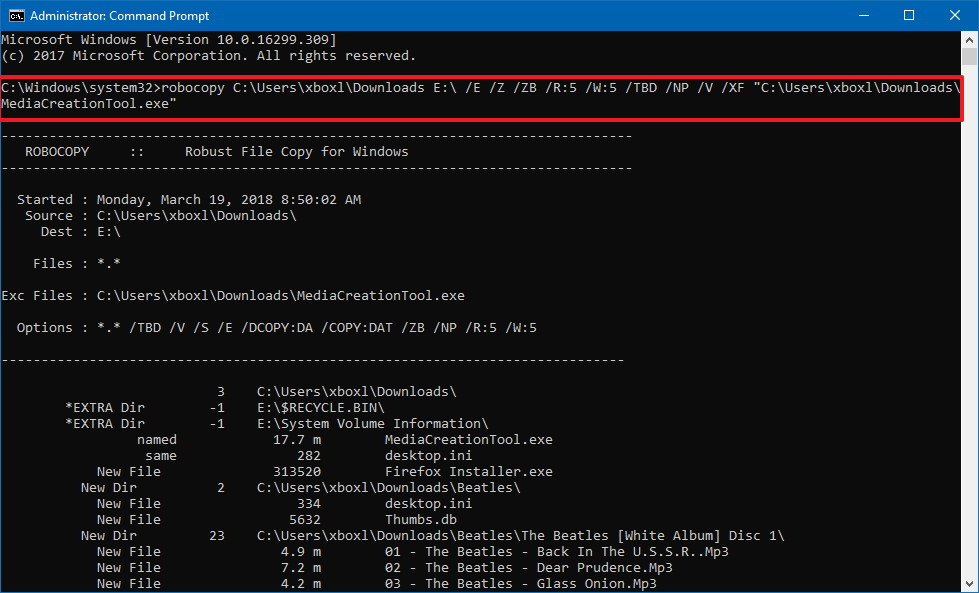 Commande de fichier d'exclusion de Robocopy
