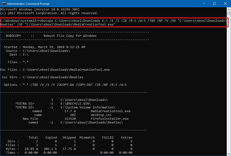 Commande d'exclusion de dossier et de fichier de Robocopy