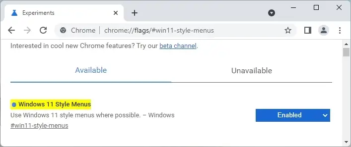 Menu Style de Windows 11 de Chrome 