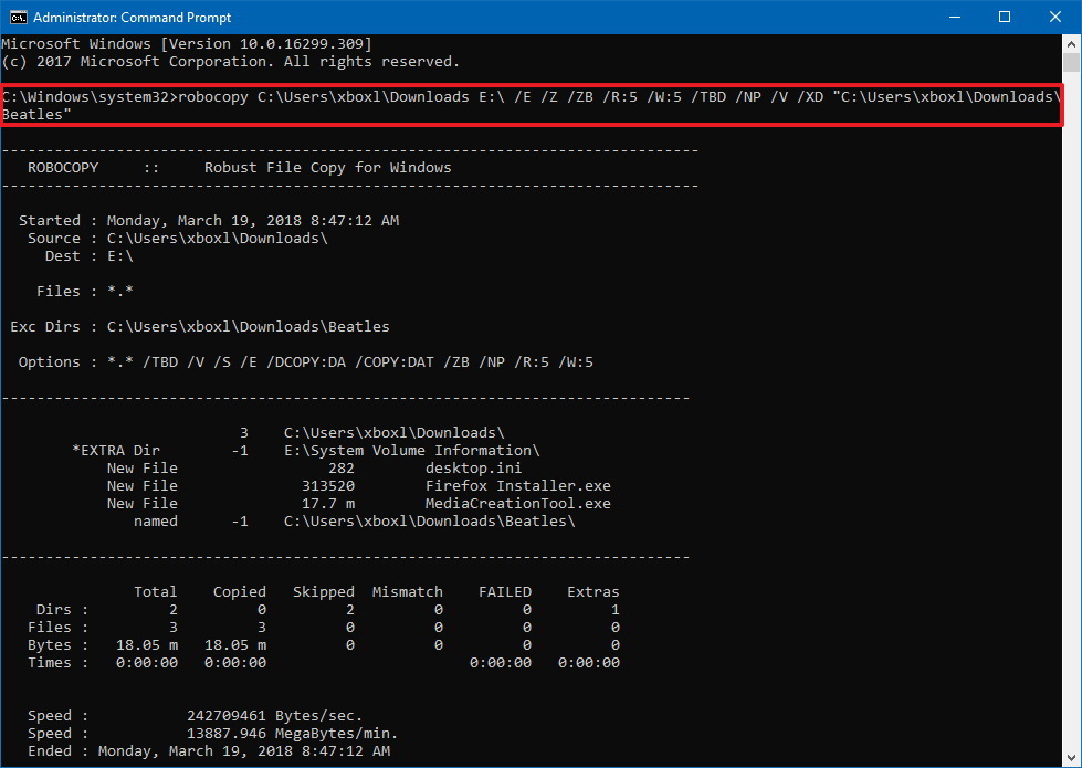 Commande de dossier d'exclusion de Robocopy