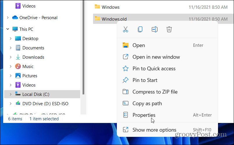   Propriétés de l'ancien dossier Windows