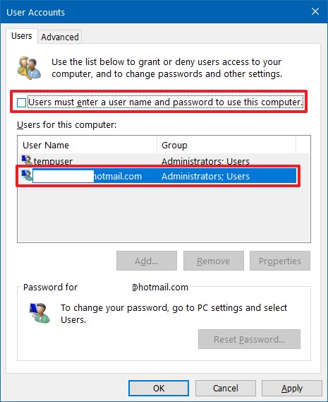 paramètres netplwiz sur Windows 10