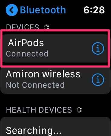 Les AirPod se connectent à la montre via Bluetooth