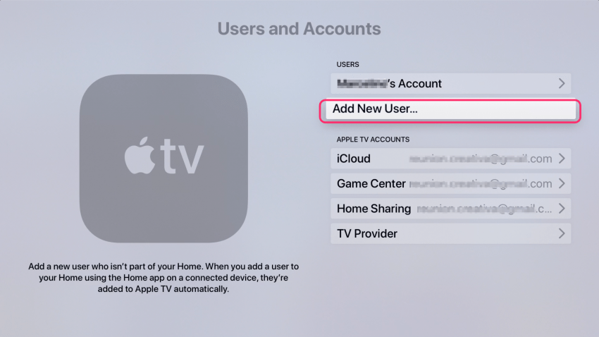 Ajouter un nouvel utilisateur sur Apple TV