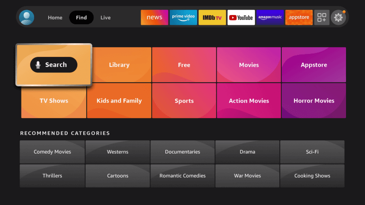 sélectionnez Rechercher pour trouver CNN sur Firestick