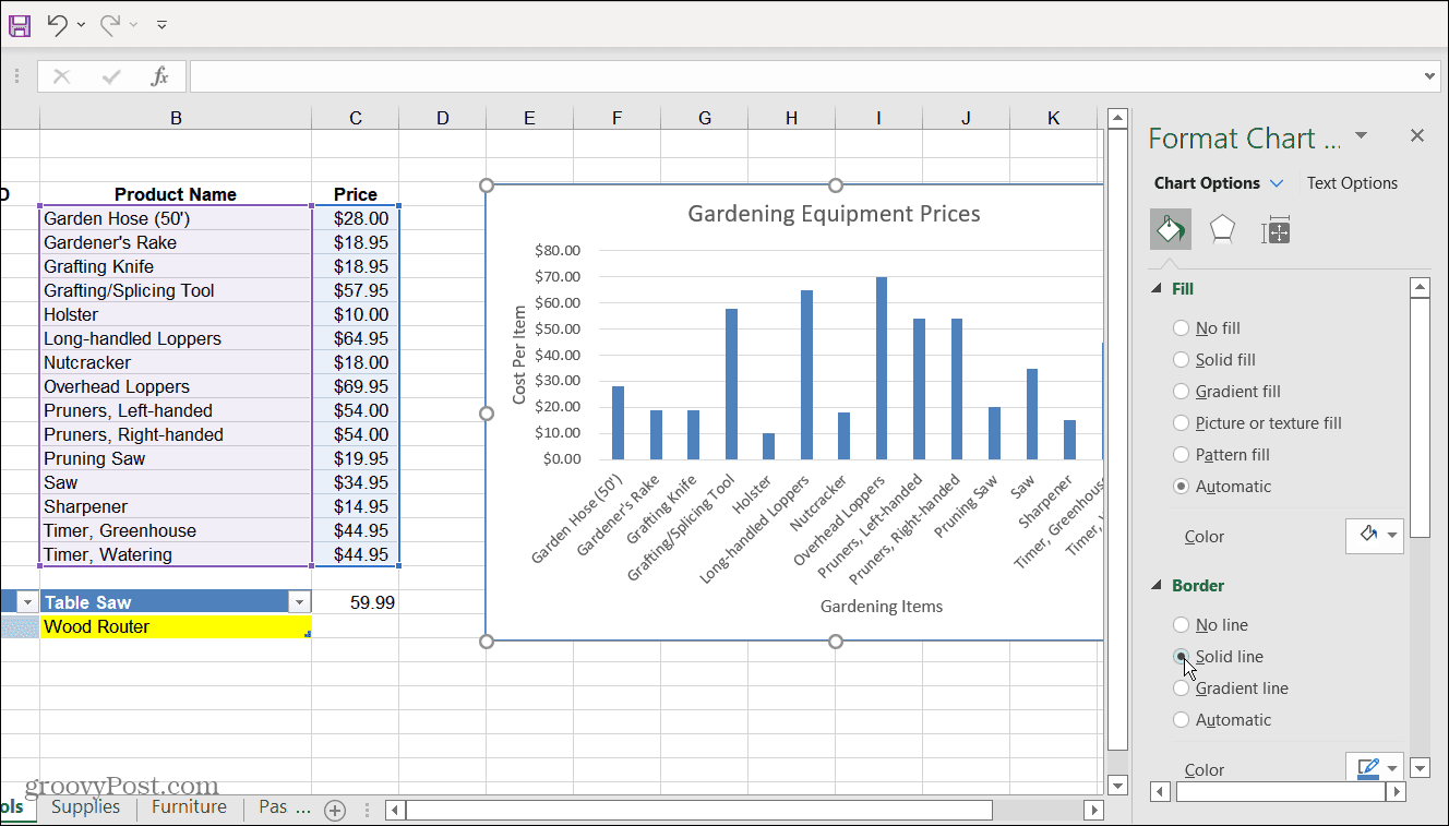   Formater le menu des options du graphique Excel