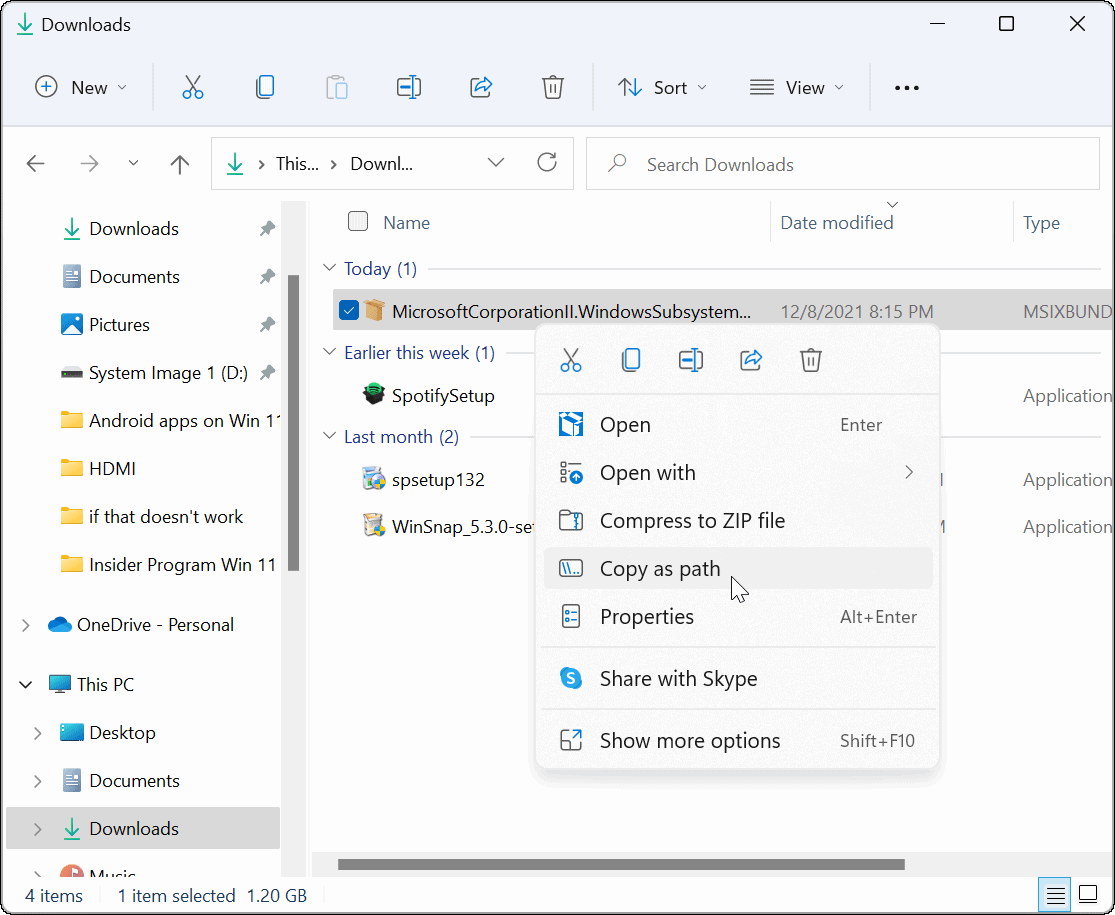 Copier en tant que chemin Explorateur de fichiers Windows 11