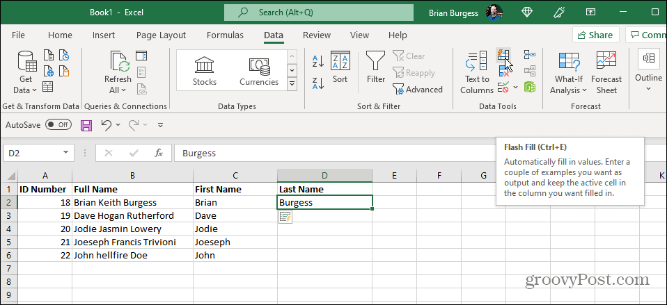 nom de famille remplissage flash excel