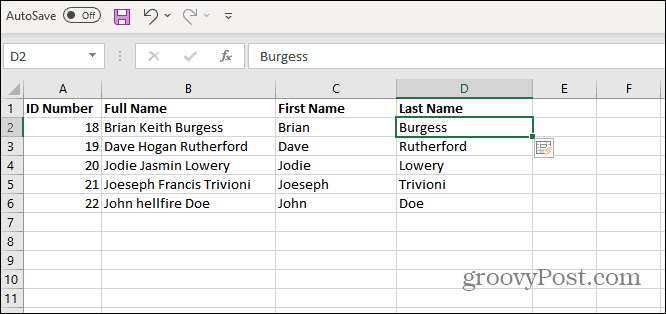 Noms de famille répertoriés excel