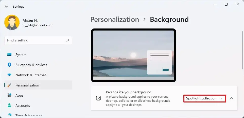 Option d'activation du bureau Spotlight