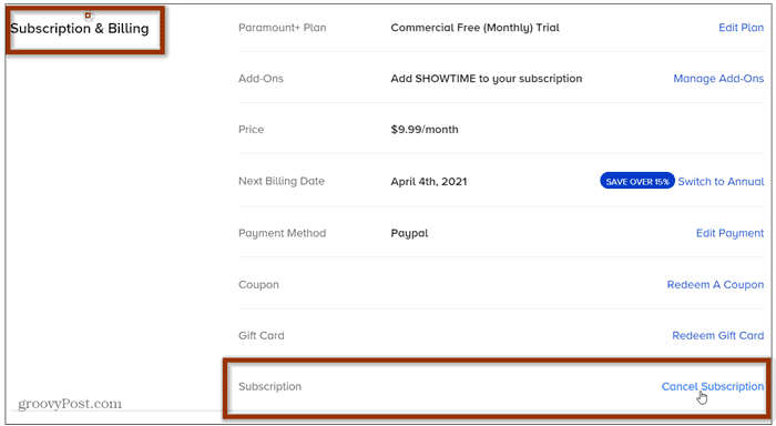 Annuler l'abonnement Paramount+ via le site officiel