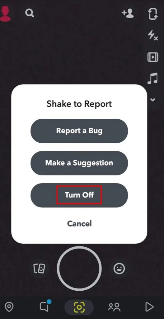 rn off Shake pour signaler sur Snapchat