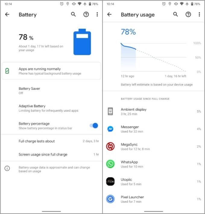Vérifiez l'utilisation de la batterie dans les paramètres Android